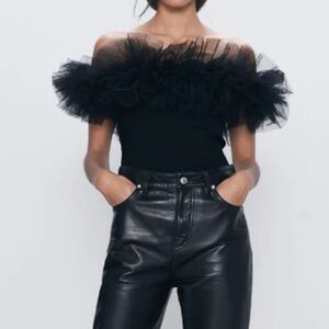 Klesis Women's Off Shoulder Tiered Layering Ruffle Mesh Bodysuit